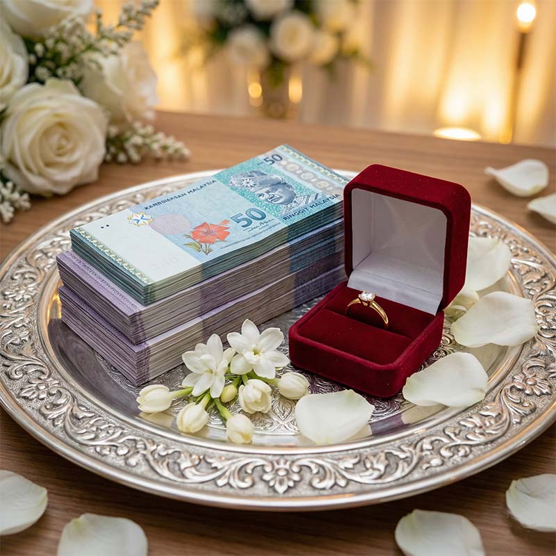 Gubahan mas kahwin wang tunai RM50 dan cincin emas di atas dulang perak - Nikahdnara