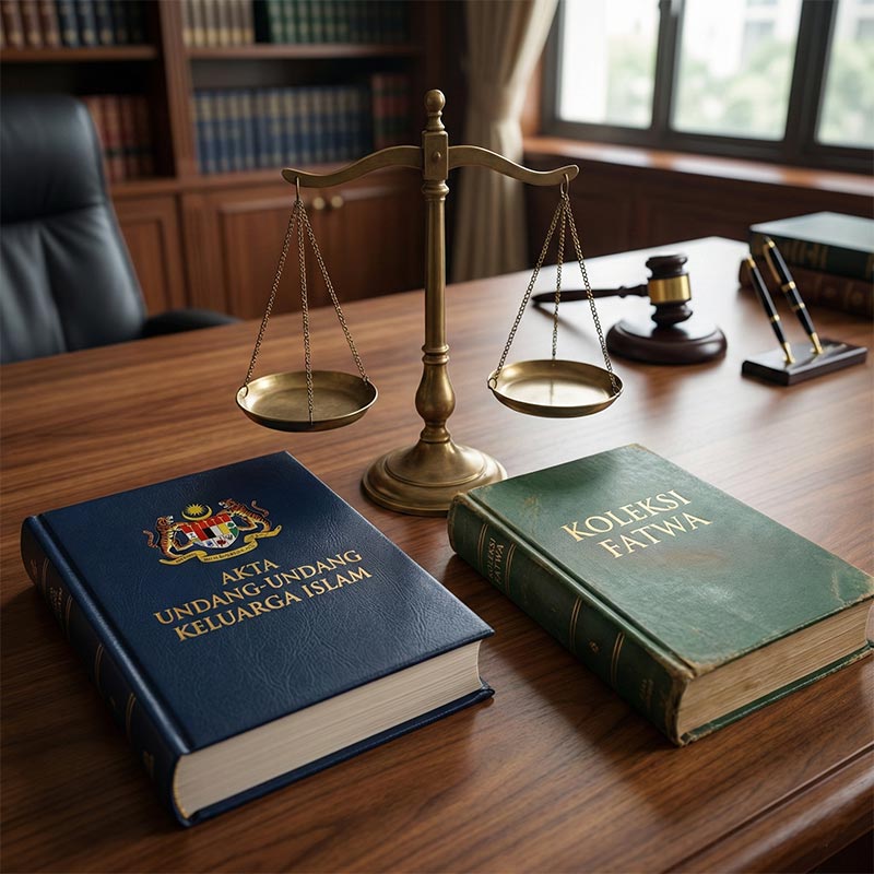 Buku Akta Undang-Undang Keluarga Islam dan Koleksi Fatwa bersama neraca timbangan - Nikahdnara